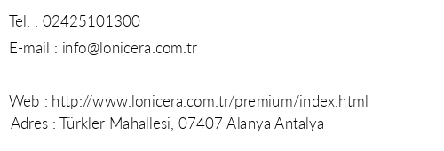 Lonicera Premium Hotel telefon numaralar, faks, e-mail, posta adresi ve iletiim bilgileri